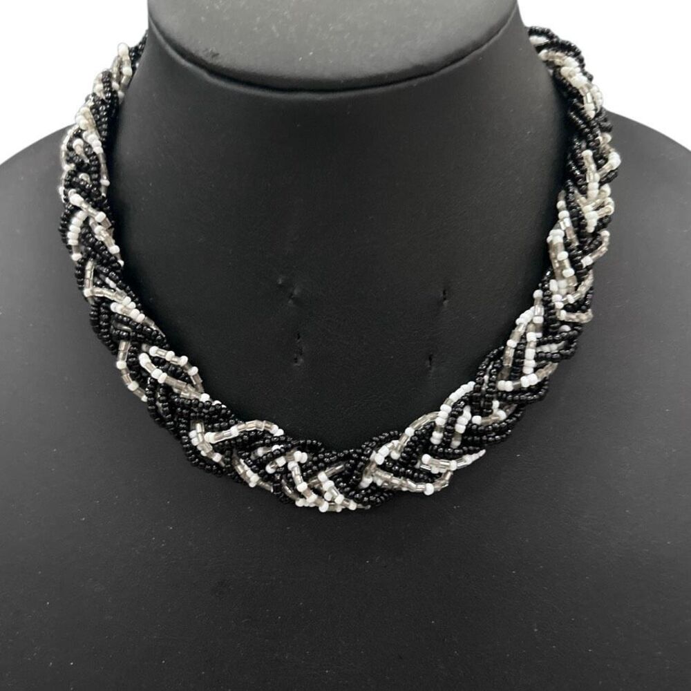 CJ by Cookie Johnson Beaded Collar Necklace Black White Braided Seed Beads